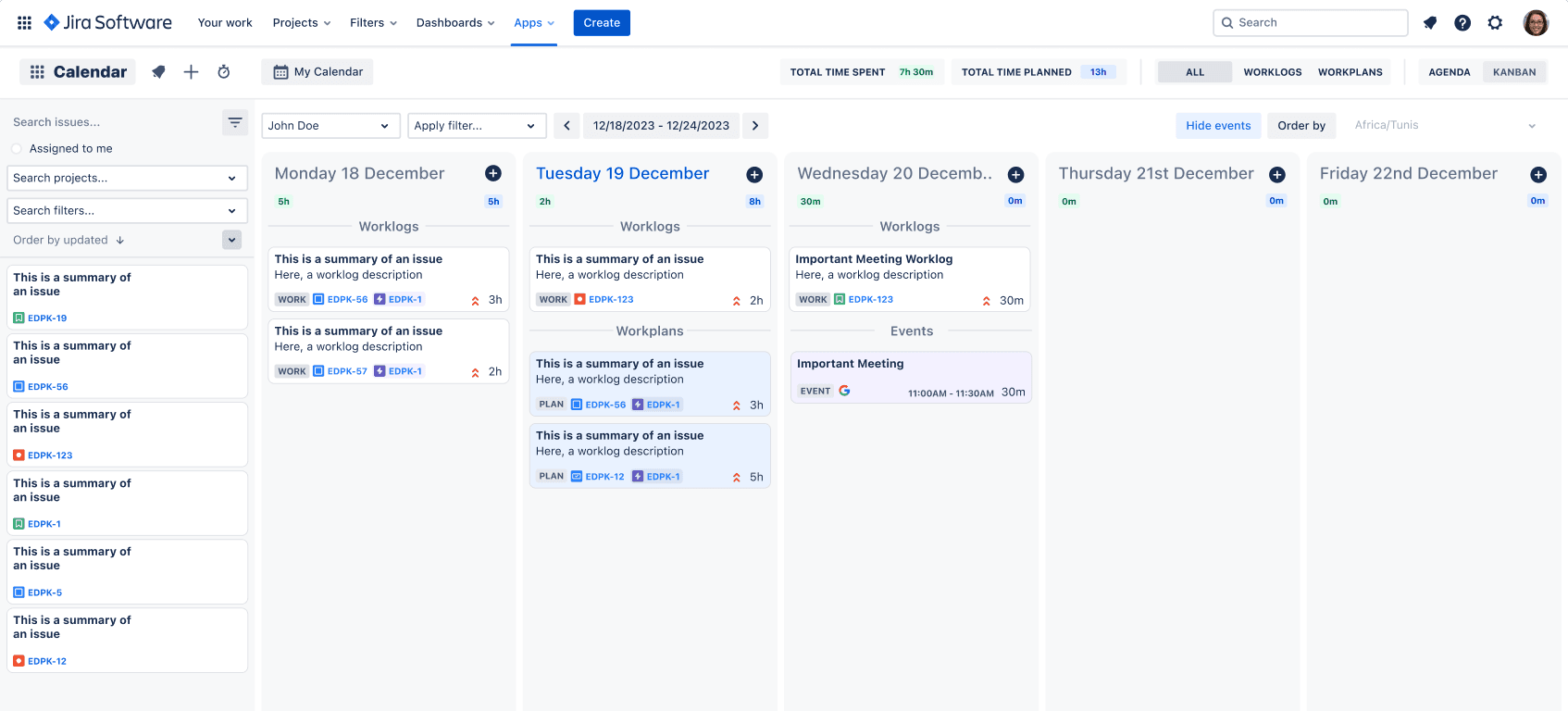 Kanban-style calendar showing events and worklogs ready to convert into time entries