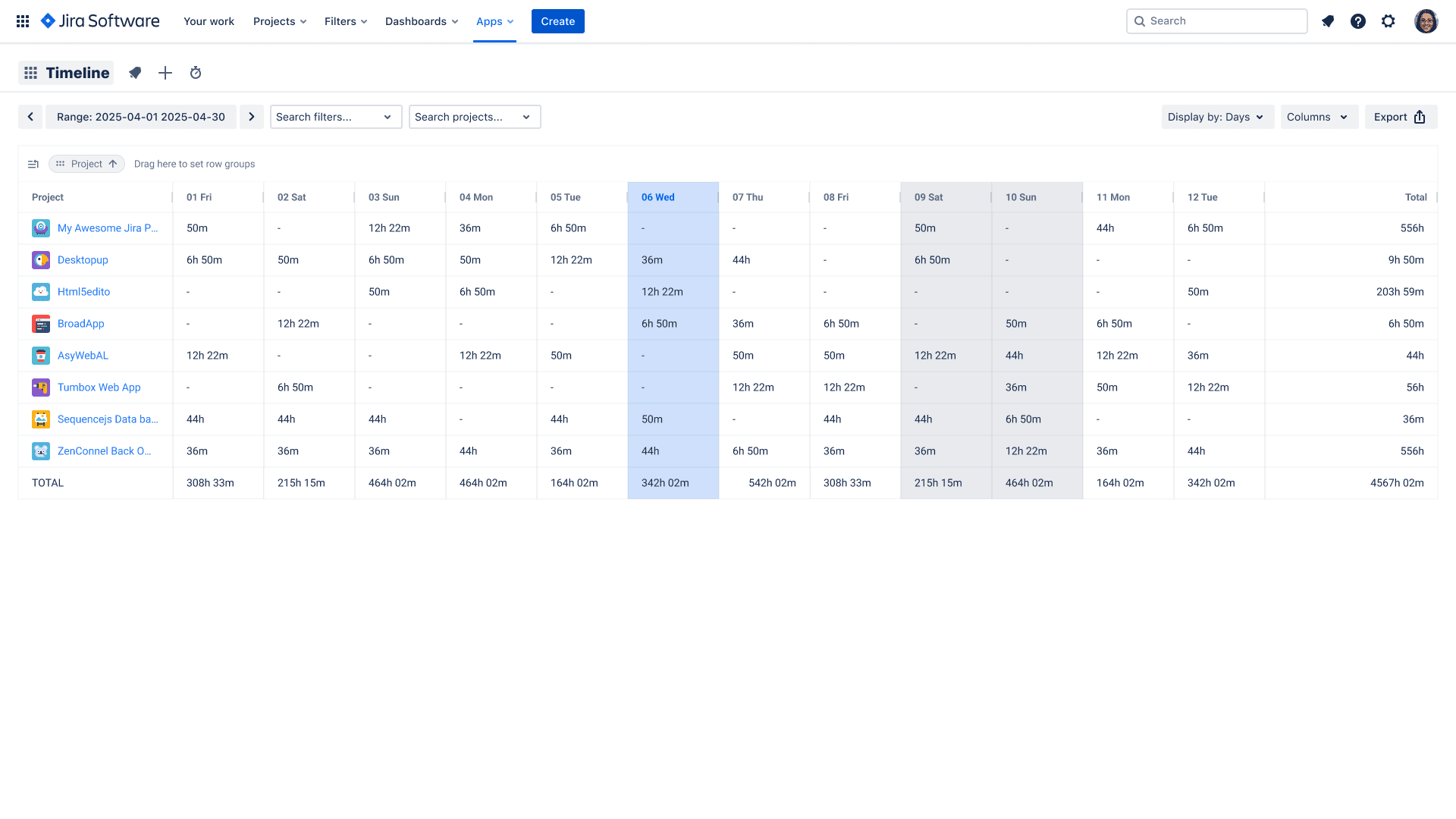 Timeline view filtered by project for a daily reporting Timeline view filtered by project for a daily reporting