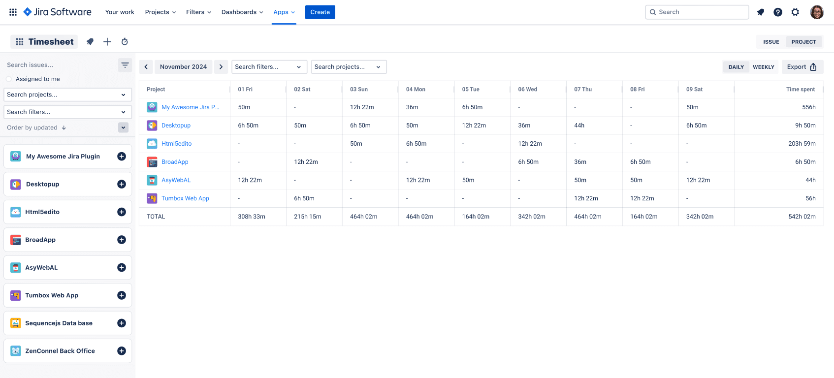 End-user timesheet with a clear view of work logged over time End-user timesheet with a clear view of work logged over time
